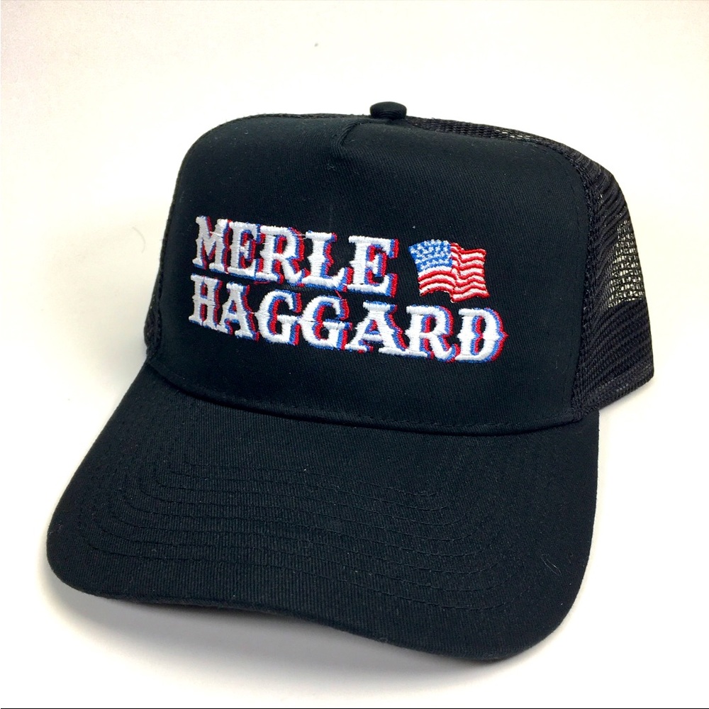 Vintage Style Merle Haggard Stitched Black Mesh Trucker Hat
